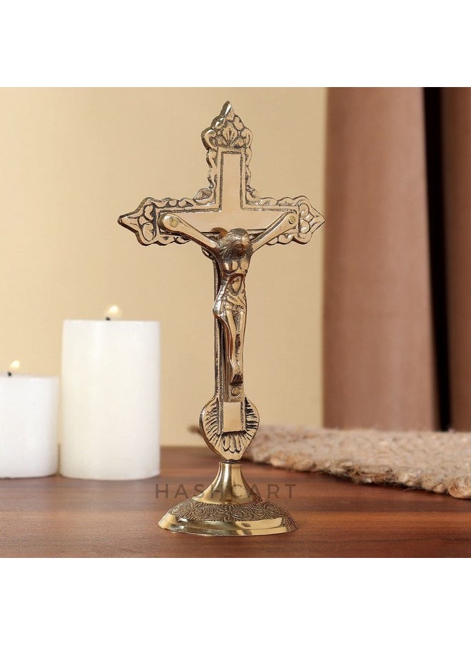 Hashcart ® Brass Crucifix Cross With Stand - Jesus Decor Catholic Decor - Brass Jesus Christ Statue For Home Office Church Christian Decor [ 6 Inch ]  - Image 2
