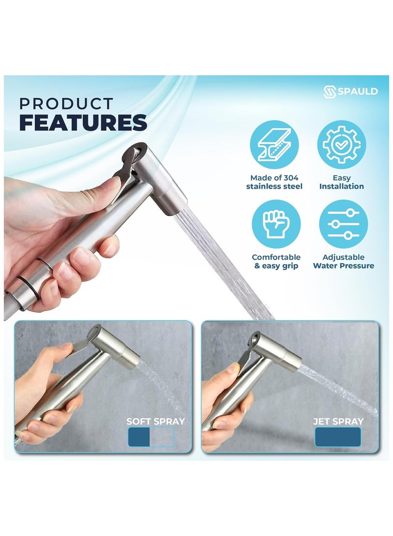 سبولد رشاش بيديه محمول من سبولد - مصنوع من الفولاذ المقاوم للصدأ، وخرطوم مانع للتسرب وصمام على شكل حرف T من النحاس، سهل التركيب على الحائط أو خزان المرحاض، متعدد الاستخدامات للنظافة الشخصية، وللأطفال، والحيوانات الأليفة، والتنظيف - Image 3