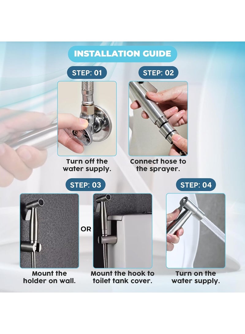 سبولد رشاش بيديه محمول من سبولد - مصنوع من الفولاذ المقاوم للصدأ، وخرطوم مانع للتسرب وصمام على شكل حرف T من النحاس، سهل التركيب على الحائط أو خزان المرحاض، متعدد الاستخدامات للنظافة الشخصية، وللأطفال، والحيوانات الأليفة، والتنظيف - Image 5