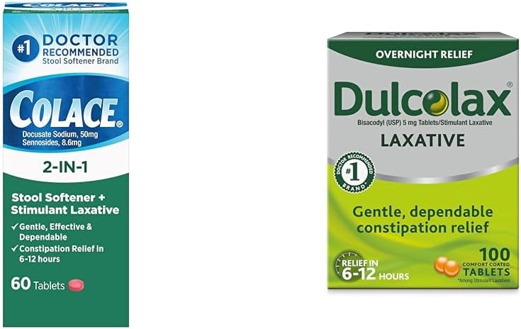 Colace 2in1 Stool Softener Plus Stimulant Laxative for Gentle Effective Constipation Relief  Dulcolax Stimulant Laxative Tablets 100 Count Gentle Overnight Constipation Relief