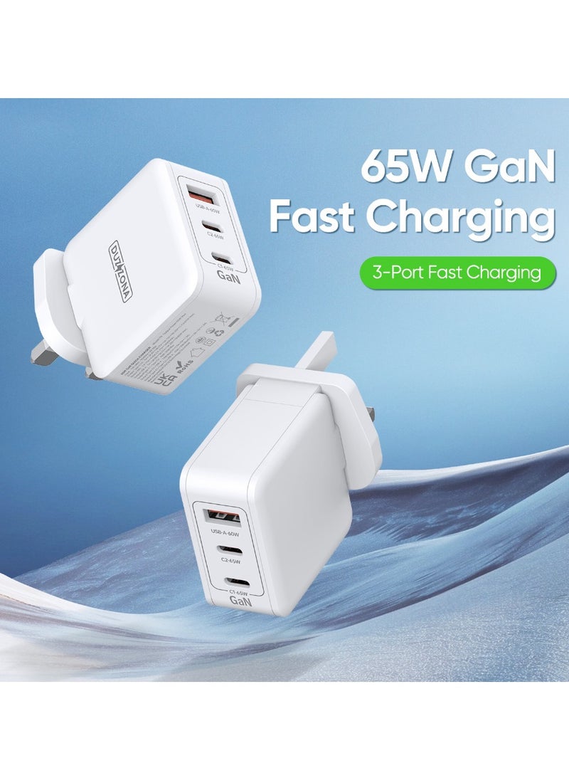 DUZZONA GaN PD65W Fast Charger, Dual Type-C Ports + Single USB-A Port, Multi-Protocol Compatibility, Suitable for Phones, Laptops, Gaming Consoles  - Image 3