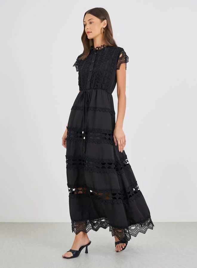 Styli Styli Solid Lace Short Sleeves Tiered Maxi Dress with Tie Detail
