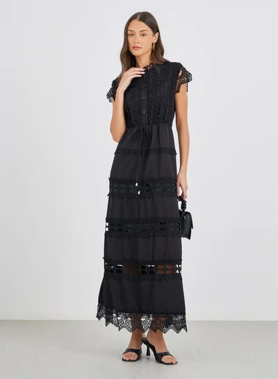 Styli Solid Lace Short Sleeves Tiered Maxi Dress with Tie Detail