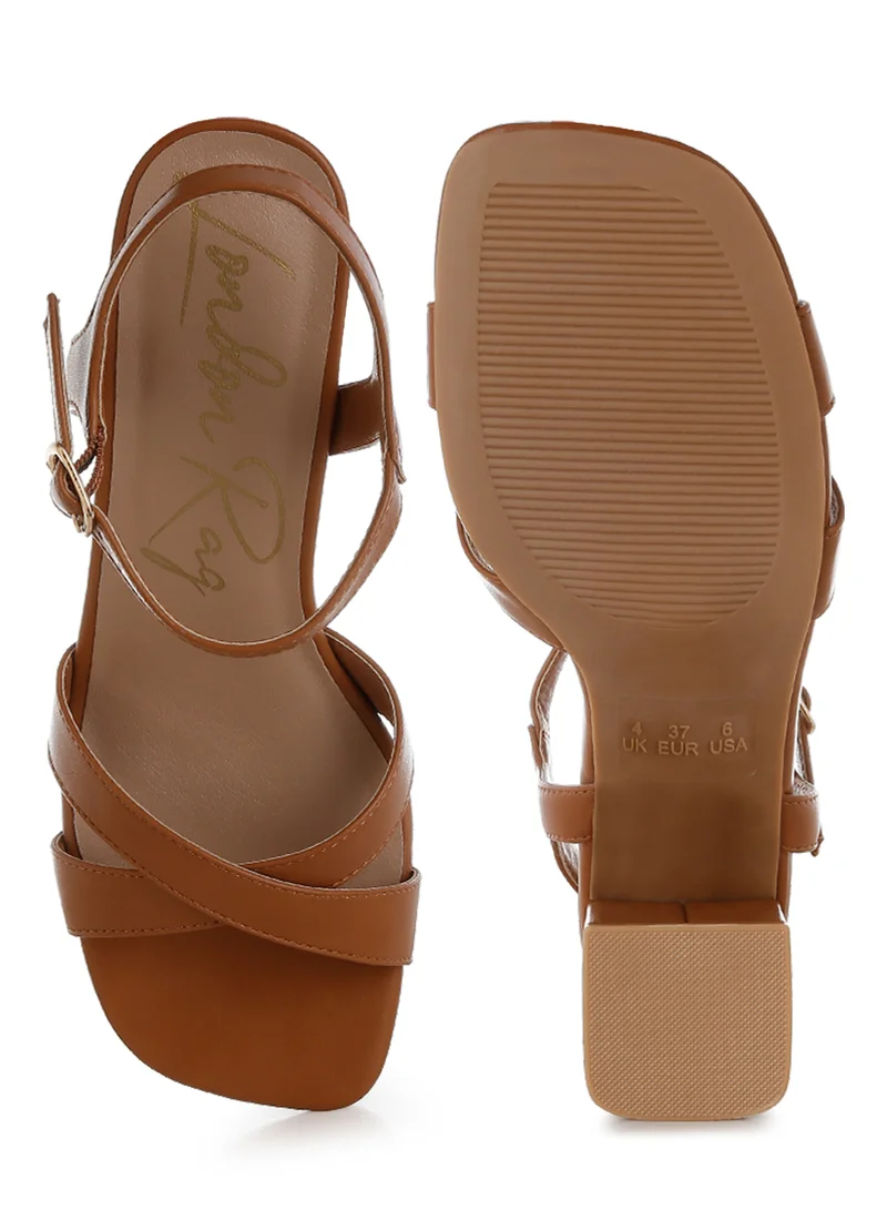 London Rag Square Toe Block Heel Sandals in Tan