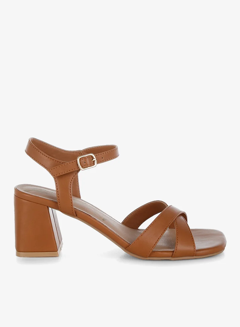 Square Toe Block Heel Sandals in Tan