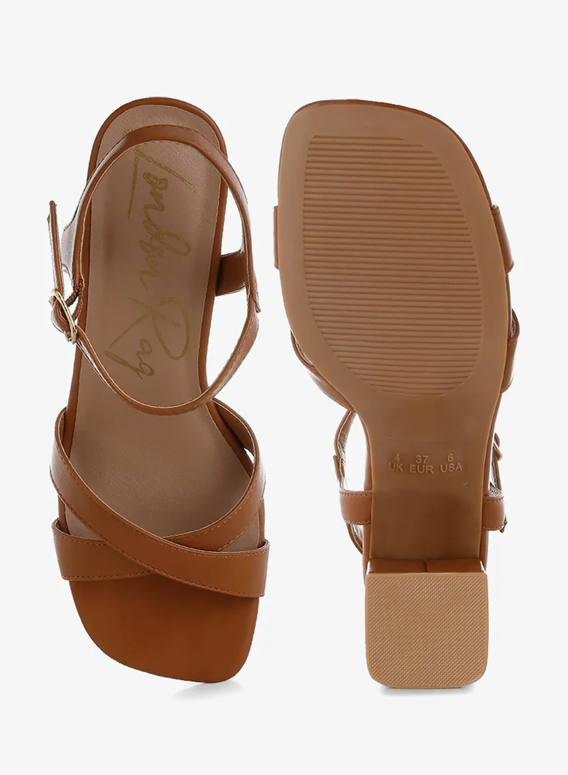 London Rag Square Toe Block Heel Sandals in Tan