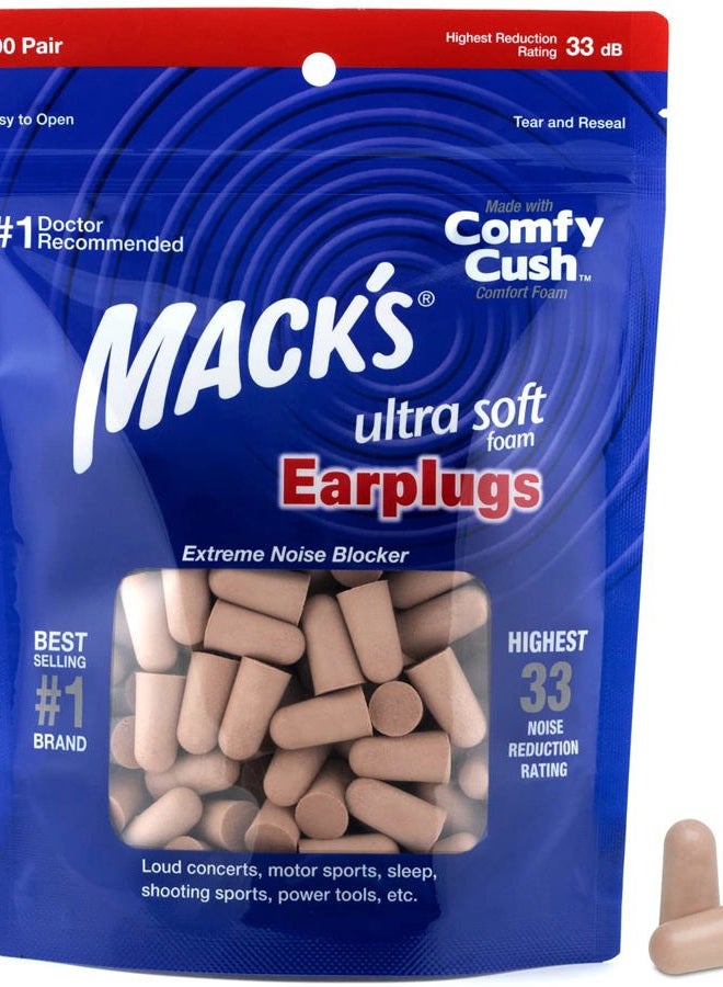 Mack's Ultra Soft Foam Earplugs, 100 Pair Bag - 33dB Highest NRR, Comfortable Ear Plugs for Sleeping, Snoring, Travel, Concerts, Studying and Loud Noise | Made in USA - Image 1