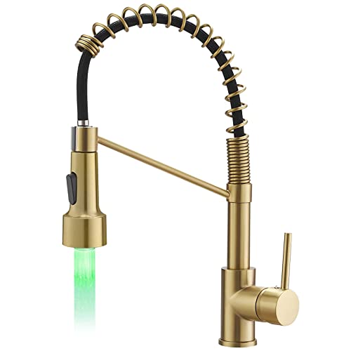 AIMADI Gold Kitchen Faucet with Sprayer,AIMADI Modern Single Handle Spring Brushed Gold Pull Down Kitchen Faucet with LED Light - Image 1