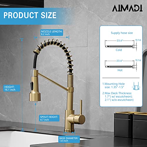 AIMADI Gold Kitchen Faucet with Sprayer,AIMADI Modern Single Handle Spring Brushed Gold Pull Down Kitchen Faucet with LED Light - Image 5