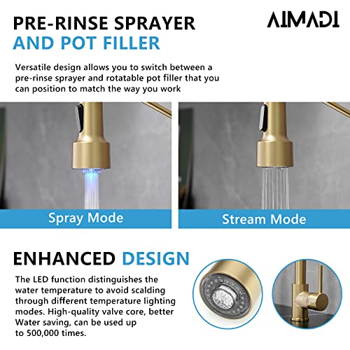 AIMADI Gold Kitchen Faucet with Sprayer,AIMADI Modern Single Handle Spring Brushed Gold Pull Down Kitchen Faucet with LED Light - Image 3