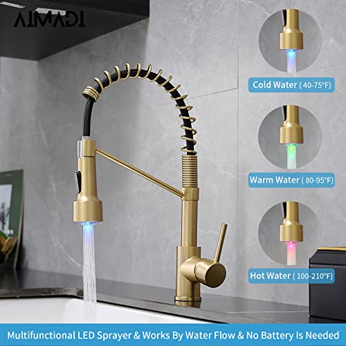 AIMADI Gold Kitchen Faucet with Sprayer,AIMADI Modern Single Handle Spring Brushed Gold Pull Down Kitchen Faucet with LED Light - Image 2