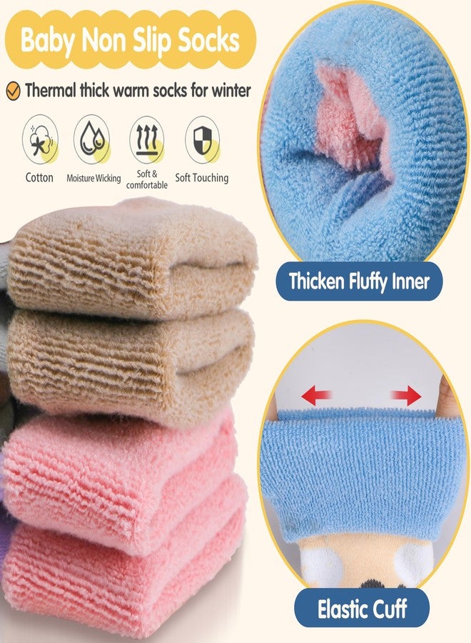 Sandsuced Toddlers Kids Grips Socks Warm Thermal Winter Thick Baby Girls Infants Anti Slip Non Skid Ankle Crew Funny Cartoon Gift Cotton Socks with Grippers 9 Pairs Stocking Stuffers(Animal,3-5 T) - Image 2