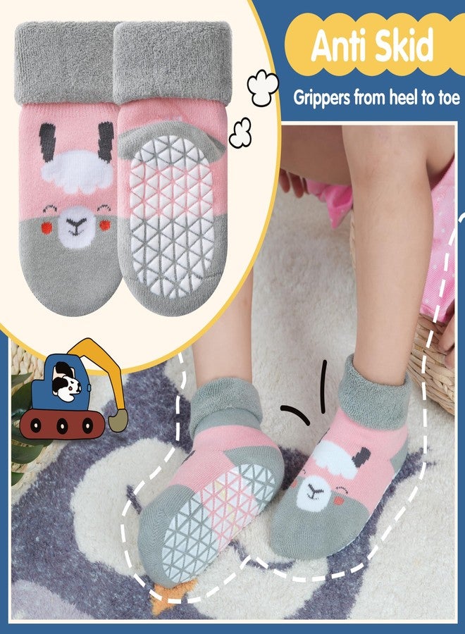 Sandsuced Toddlers Kids Grips Socks Warm Thermal Winter Thick Baby Girls Infants Anti Slip Non Skid Ankle Crew Funny Cartoon Gift Cotton Socks with Grippers 9 Pairs Stocking Stuffers(Animal,3-5 T) - Image 4