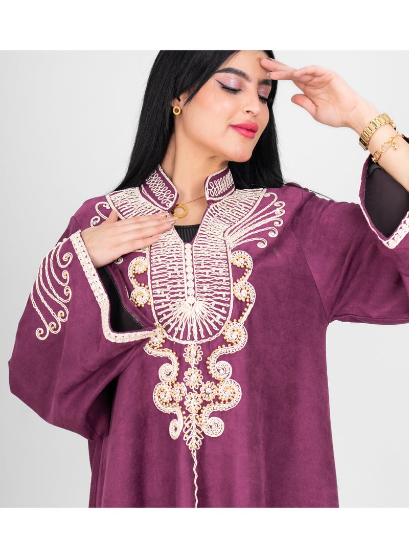 IKKXA Winter Asian Neckline Front Embroidery Jalabiya IK1075 Purple - Image 2