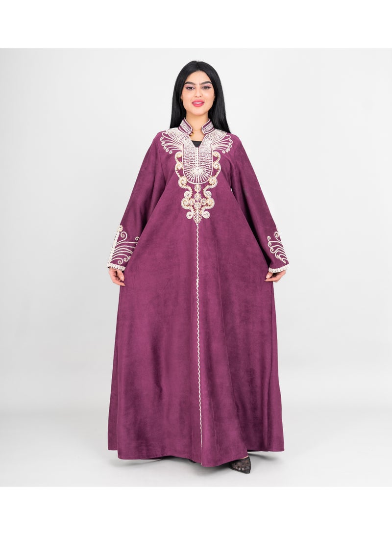 IKKXA Winter Asian Neckline Front Embroidery Jalabiya IK1075 Purple - Image 1