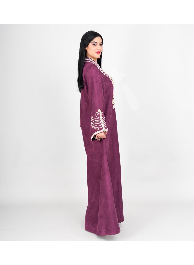 IKKXA Winter Asian Neckline Front Embroidery Jalabiya IK1075 Purple - Image 3