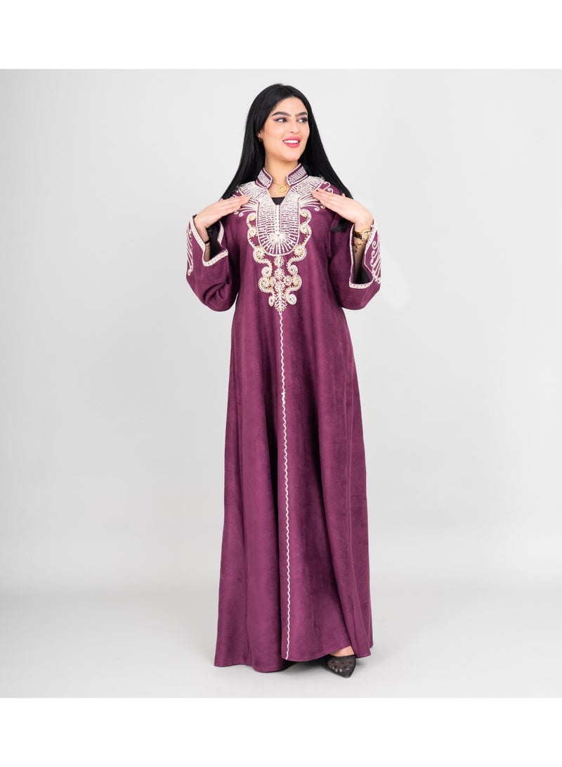 IKKXA Winter Asian Neckline Front Embroidery Jalabiya IK1075 Purple - Image 5