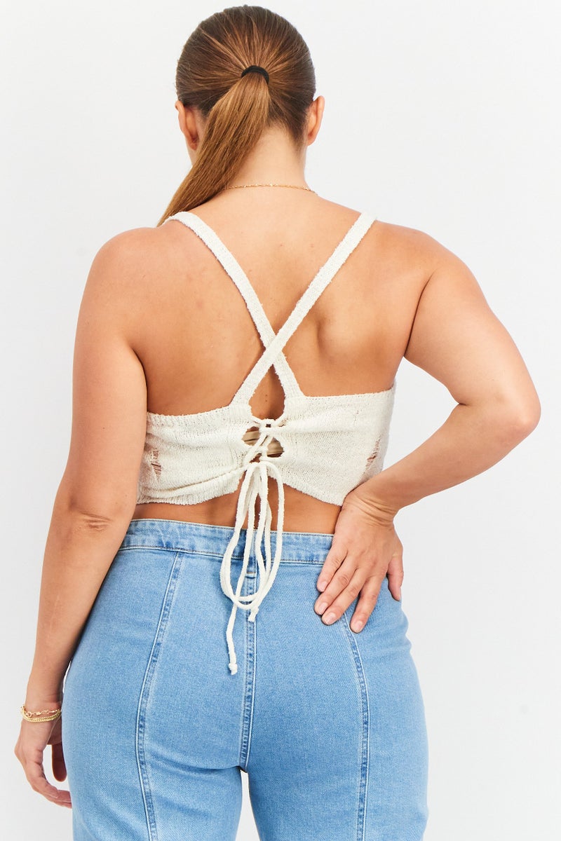 NA-KD Women Scoop Neckline Sleeveless Textured Back Strap Top, Off White - Image 4