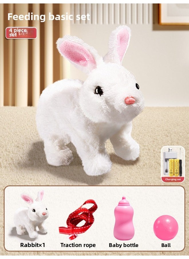 Children's Electric Simulation Bunny Plush Toy Girl Pet White Rabbit Doll Girl Birthday Gift-Color:Small White Rabbit Feeding Suit [bag] Charging  - Image 1