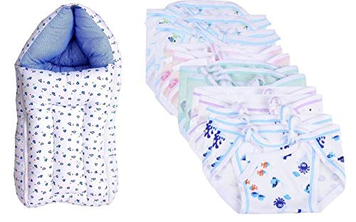 Teeny Turtle Teeny Turtle New Born Washable Hosiery Cotton Diapers 06 Months Pack of 5 Baby 3 in 1 Cotton Sleeping Bag Cum Baby Carry Bag BluePink and Multicolor  - Image 1