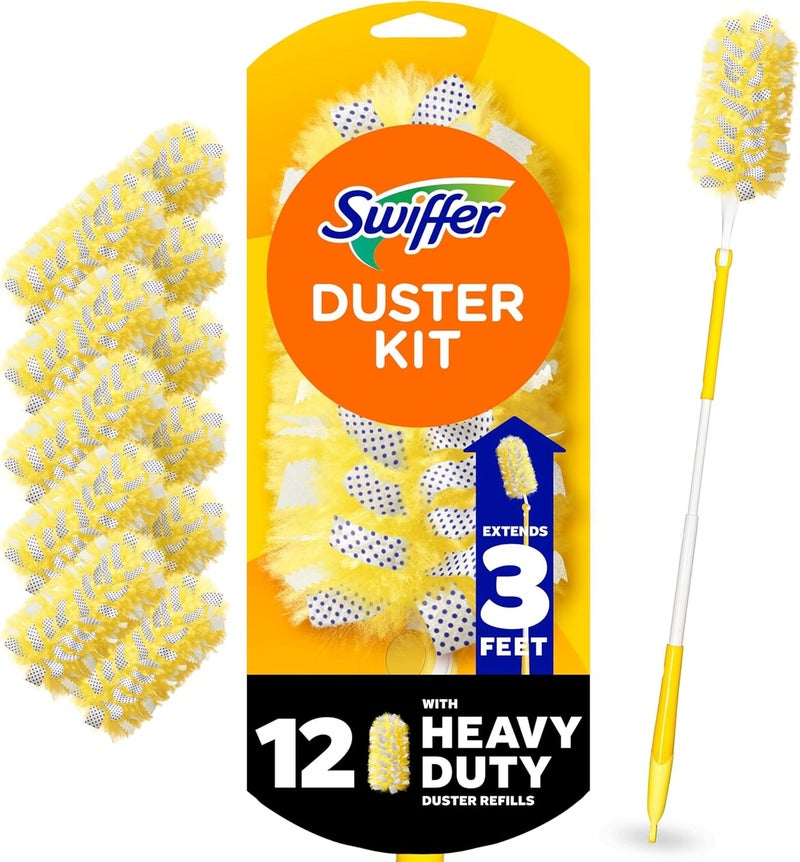 Swiffer Duster Heavy Duty Dusting Kit, Cleaning Supplies, 3 ft Extended Handle, 1 Duster, 12 Refills - Image 1