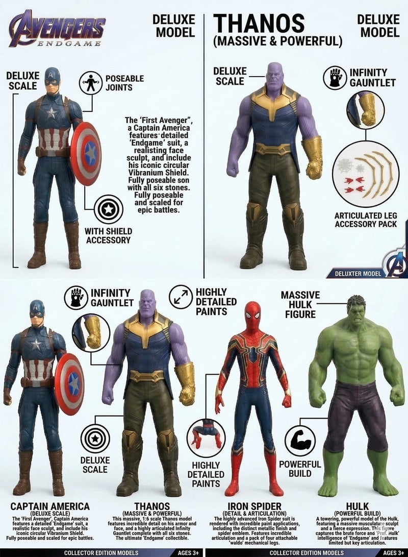 Avengers Toy Set of 4 Marvel Action Figures – Thanos, Captain America, Iron Spider & Hulk | Endgame Superhero Play Set & Cake Toppers | 6-Inch Collectible Model Dolls | Best Birthday Gift & Party Supplies for Boys & Kids 3+ - Image 3