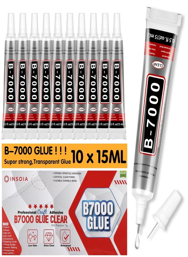 INSOIA B7000 Rhinestone Glue Clear 10 PCS 15ml - Strong Transparent No Trace Jewelry Glue with Precision Tip, Quick Dry Multi-Purpose Adhesive for Making Nail Makeup Fabric Shoes Craft Phone Repair - Image 1