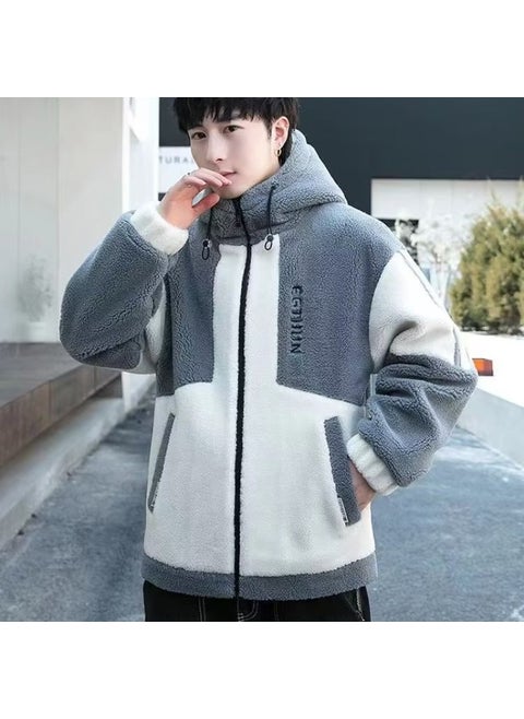 2023 Winter Sherpa Hoodie Mens Jacket Color-Block Grey