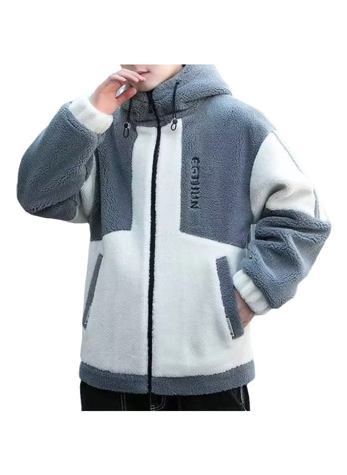Generic - 2023 Winter Sherpa Hoodie Mens Jacket Color-Block Grey - Image 1