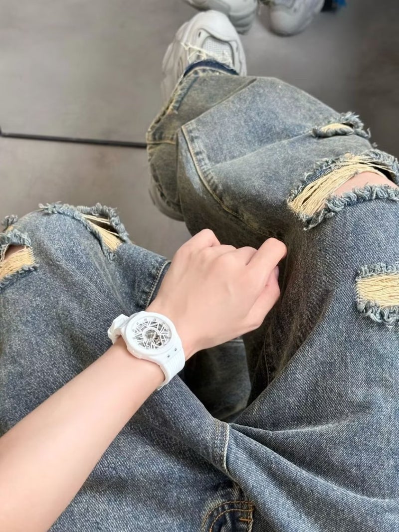 Design Sense Ins Trendy Brand Loose Straight Ripped Jeans Men'S And Women'S Couple'S Wide Leg Pants Personalized Beggar Pants - Image 5