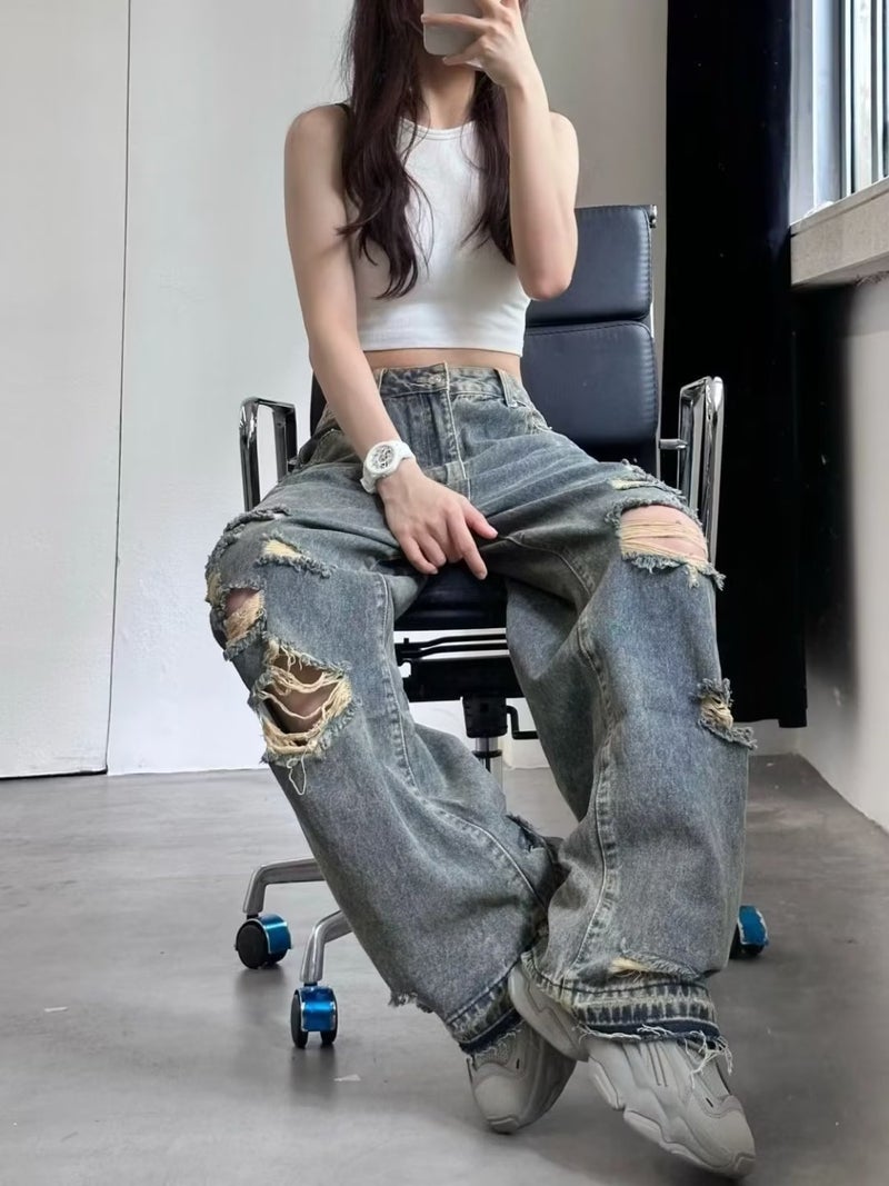 Design Sense Ins Trendy Brand Loose Straight Ripped Jeans Men'S And Women'S Couple'S Wide Leg Pants Personalized Beggar Pants - Image 2
