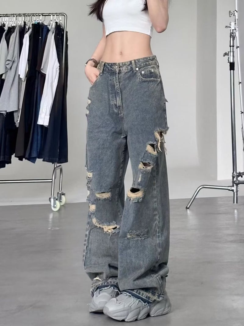 Design Sense Ins Trendy Brand Loose Straight Ripped Jeans Men'S And Women'S Couple'S Wide Leg Pants Personalized Beggar Pants - Image 3