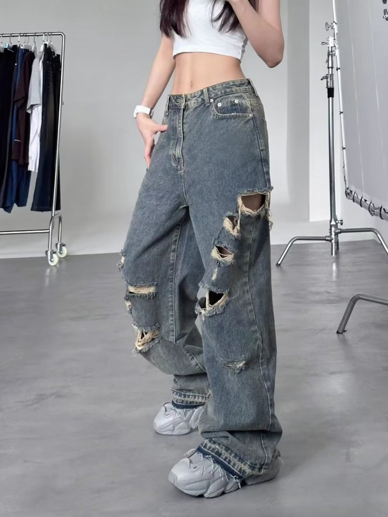 Design Sense Ins Trendy Brand Loose Straight Ripped Jeans Men'S And Women'S Couple'S Wide Leg Pants Personalized Beggar Pants - Image 4