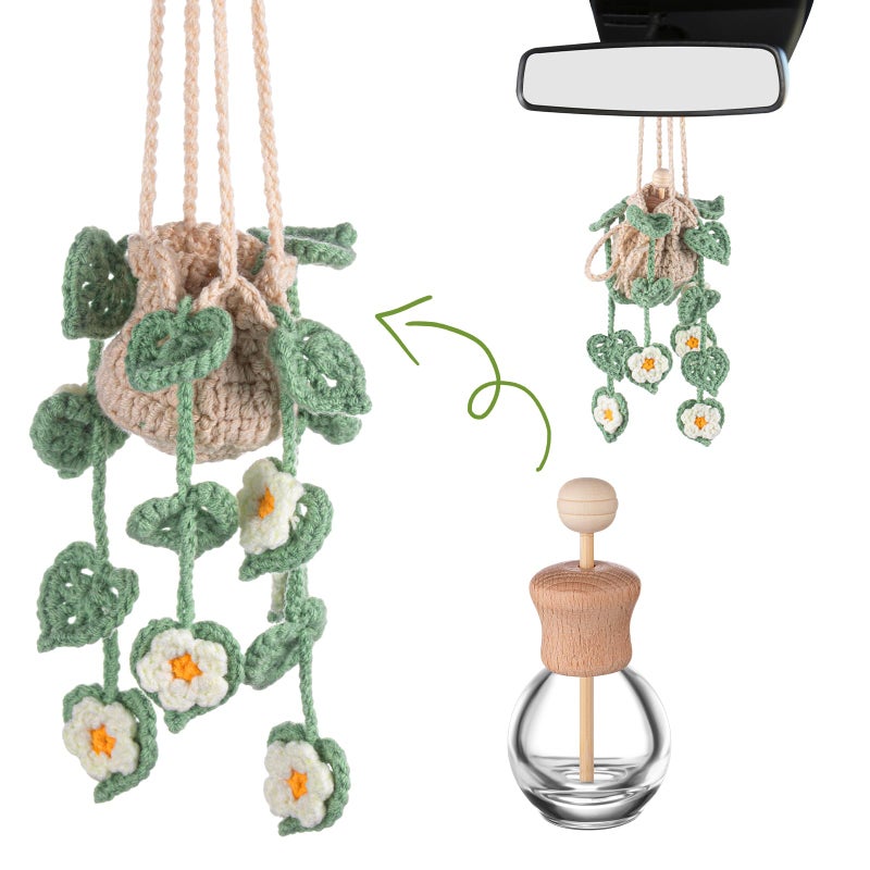 DaisyInner Cute Crochet Plant Car Freshener 12ml Empty Refillable Diffuser Bottle with Plants Hanging Accessories for Rearview Mirror Home Office Decor Women Mother's Day Gifts(Daisy) - Image 1