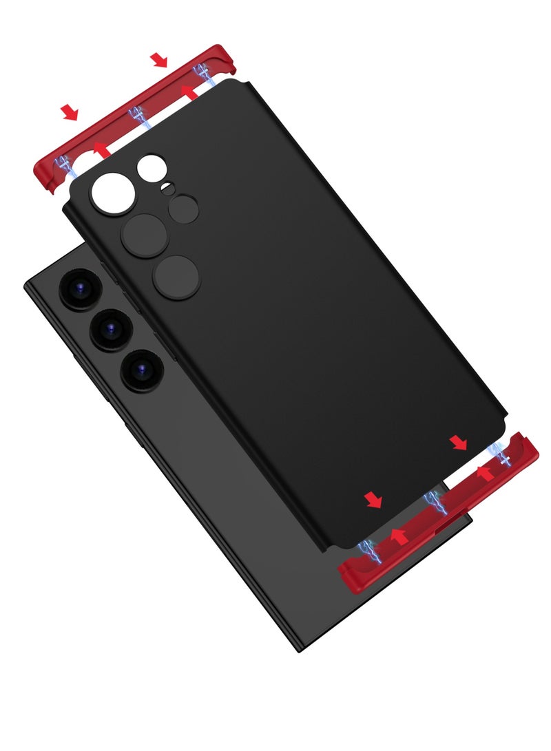 LEEKA Samsung S24 Ultra Full 3in1 Cover 360º Shockproof Armour Hard Matte Strong back Cover PC Case Red-Black - Image 2