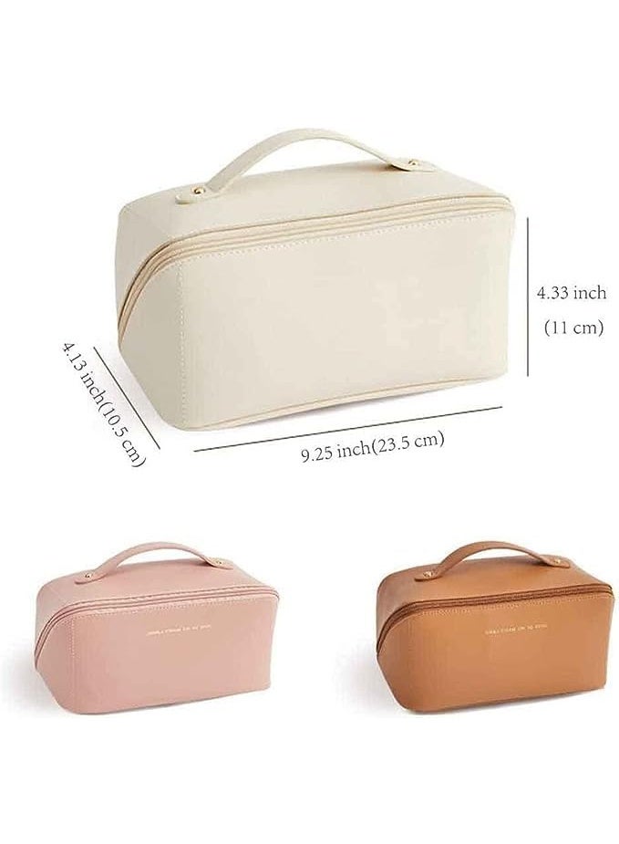 م اكس م حقيبة مكياج للسفر وحقيبة مستحضرات تجميل كبيرة السعة ومجموعة أدوات تواليت محمولة من جلد البولي يوريثان للنساء وحقيبة غسيل حمام مقاومة للماء متعددة الوظائف (وردي فاتح) - Image 3