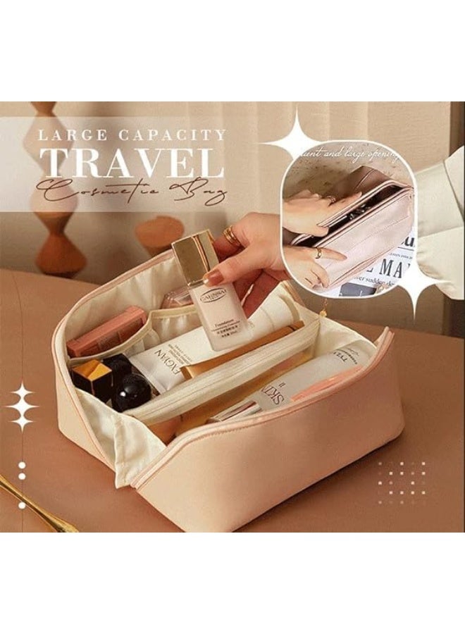م اكس م حقيبة مكياج للسفر وحقيبة مستحضرات تجميل كبيرة السعة ومجموعة أدوات تواليت محمولة من جلد البولي يوريثان للنساء وحقيبة غسيل حمام مقاومة للماء متعددة الوظائف (وردي فاتح) - Image 4