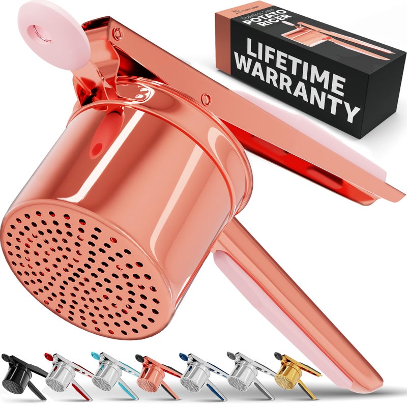 PriorityChef Large 15oz Potato Ricer Heavy Duty Stainless Steel Potato Masher and Ricer Kitchen Tool Press and Mash Kitchen Gadget For Perfect Mashed Potatoes Everytime Rose Gold and Pink