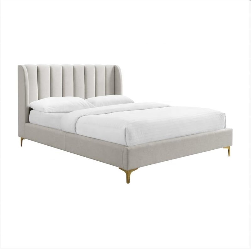 Modern Velvet Upholstered Platform Bed Frame with Vertical Channel Tufted Headboard and Golden Metal Legs - King Size (Light Grey) - Image 3