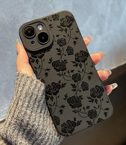 Jusnfu for iPhone 14 Case 6.1 Inch 2022, Aesthetic Rose Floral Print Phone Case for Women Girls Men, Slim Silicone Protective Phone Cover for iPhone 14, Black Flower - Image 1
