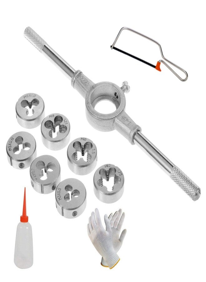 Digital Craft 8pcs Metric Adjustable Tap Die Wrench Set M3/4/5/6/8/10/12 Screw Thread Taper Hand Tool Kits 8Pc Die Set,Hack Saw,Hand Gloves,Cutting Oil - Image 1