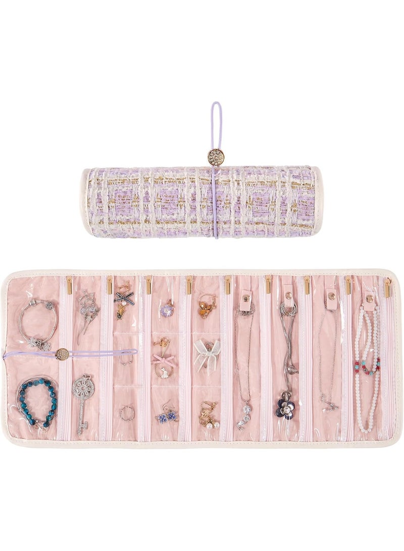 Travel Jewelry Organizer Roll with 17 Zippered Pockets, Portable Storage Bag for Necklaces, Earrings, Rings, Bracelets, Velvet Lined, 54x23.5cm - Image 1