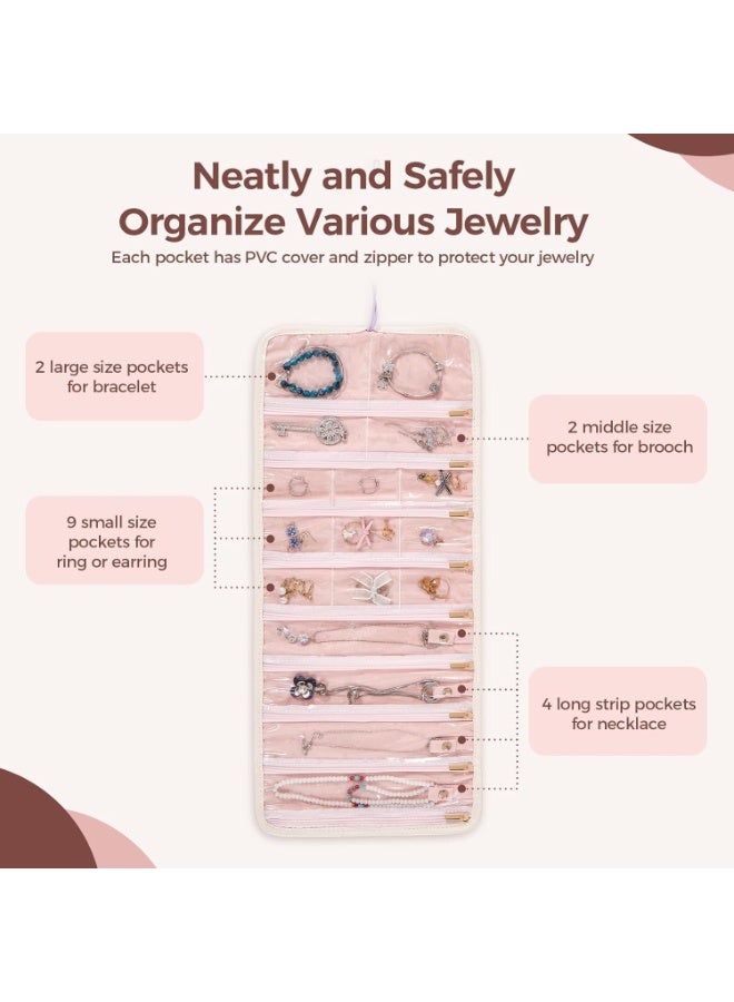 Travel Jewelry Organizer Roll with 17 Zippered Pockets, Portable Storage Bag for Necklaces, Earrings, Rings, Bracelets, Velvet Lined, 54x23.5cm - Image 3