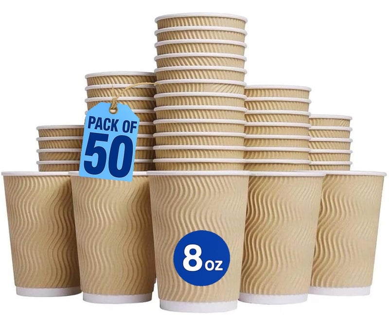 MahMir® 8oz. Brown Disposable Ripple Insulated Coffee Cups - Eco-Friendly Disposable Cups - Hot Beverage Corrugated Paper Cups - Sleeve Ripple Wall Paper Coffee Cups for Drink - Tea Cup (8 oz. 50pcs) - Image 1