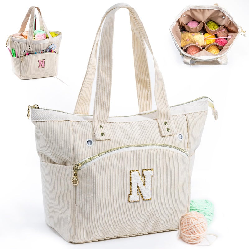 MYBAGZING Initial Personalized Crochet Bag Tote Corduroy Yarn Storage Yarn Holder Organizer for Crochet Hooks Accessories Projects - Image 2