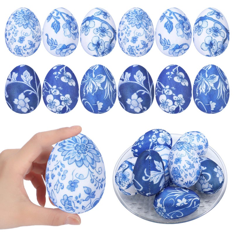 PullCrease 12 Pcs Easter Chinoiserie Egg Set Blue and White Toile Egg Decor 3.2 Inches H Decorative Spring Eggs for Easter Basket Fillers Spring Home Party Decor - Image 1