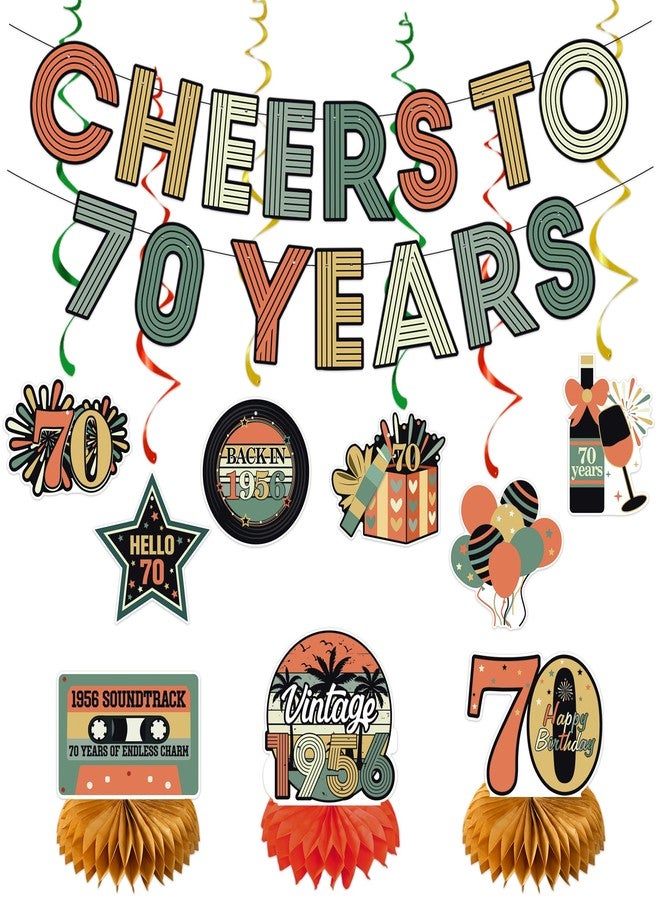Roetyce 70th Birthday Decorations Women Men, Cheers To 70 Years Banner Centerpieces Hanging Swirls, 70th Birthday Party Supplies for Dad Mom, Vintage 1956 70 Years Old Party Photo Backdrop Background - Image 1