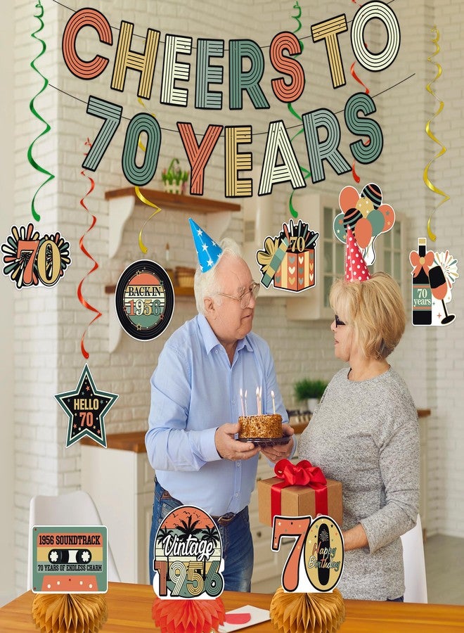Roetyce 70th Birthday Decorations Women Men, Cheers To 70 Years Banner Centerpieces Hanging Swirls, 70th Birthday Party Supplies for Dad Mom, Vintage 1956 70 Years Old Party Photo Backdrop Background - Image 5