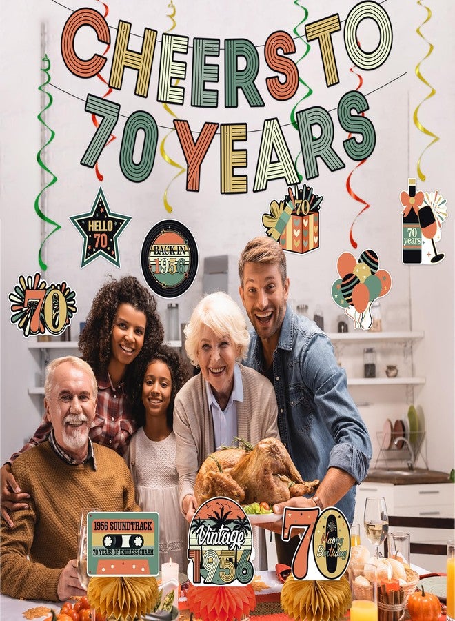 Roetyce 70th Birthday Decorations Women Men, Cheers To 70 Years Banner Centerpieces Hanging Swirls, 70th Birthday Party Supplies for Dad Mom, Vintage 1956 70 Years Old Party Photo Backdrop Background - Image 3
