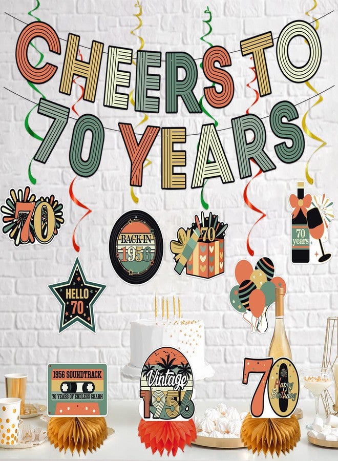 Roetyce 70th Birthday Decorations Women Men, Cheers To 70 Years Banner Centerpieces Hanging Swirls, 70th Birthday Party Supplies for Dad Mom, Vintage 1956 70 Years Old Party Photo Backdrop Background - Image 4